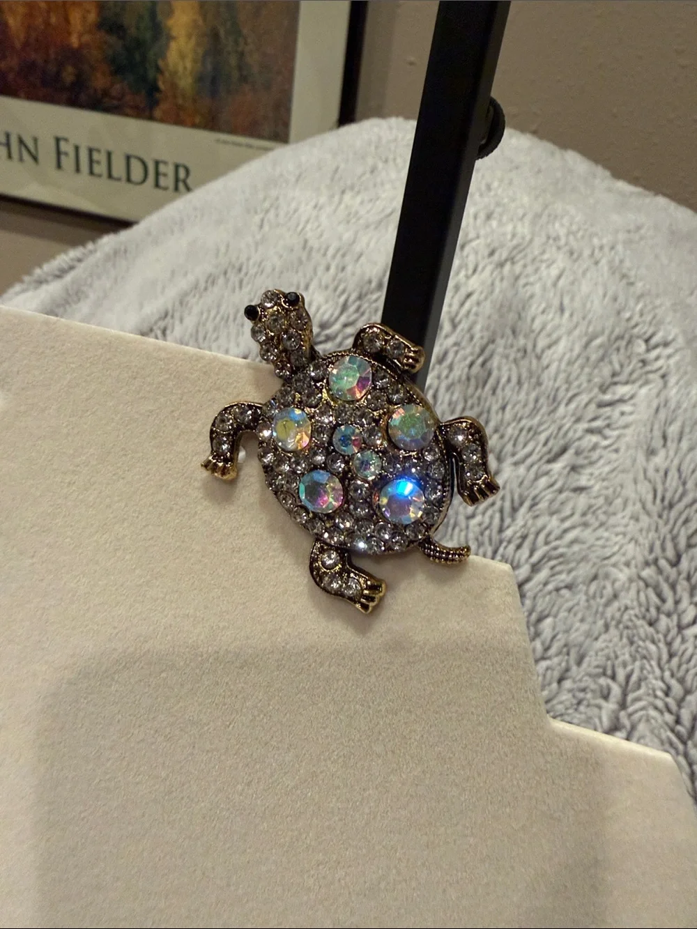 Crystal Turtle Brooch Pin - Gold Tone with Iridescent Stones